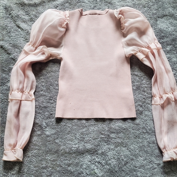 Zara Elegant Pink Puff Sleeve Ribbed Long Sleeve Top - Size L - Picture 5 of 10